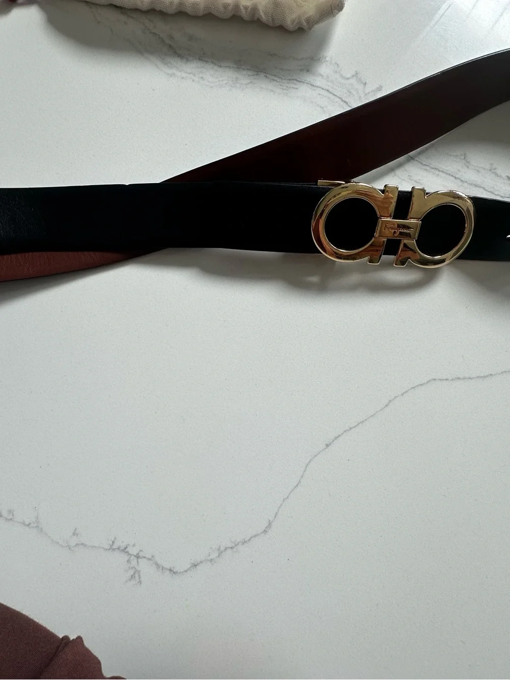 Black Leather Belt with Gold Double Gancini Buckle